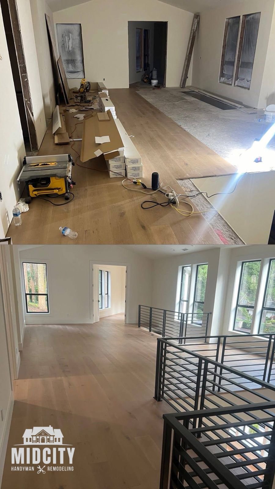 Refinished wide plank hardwood flooring