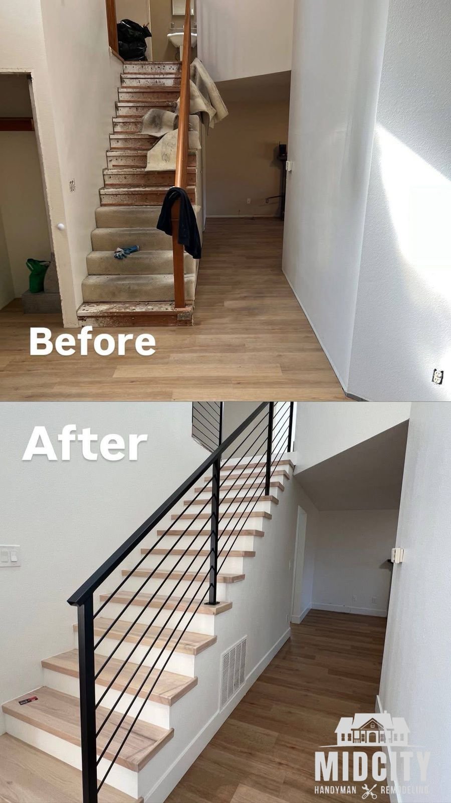 Before and after loft railing upgrade with metal balusters